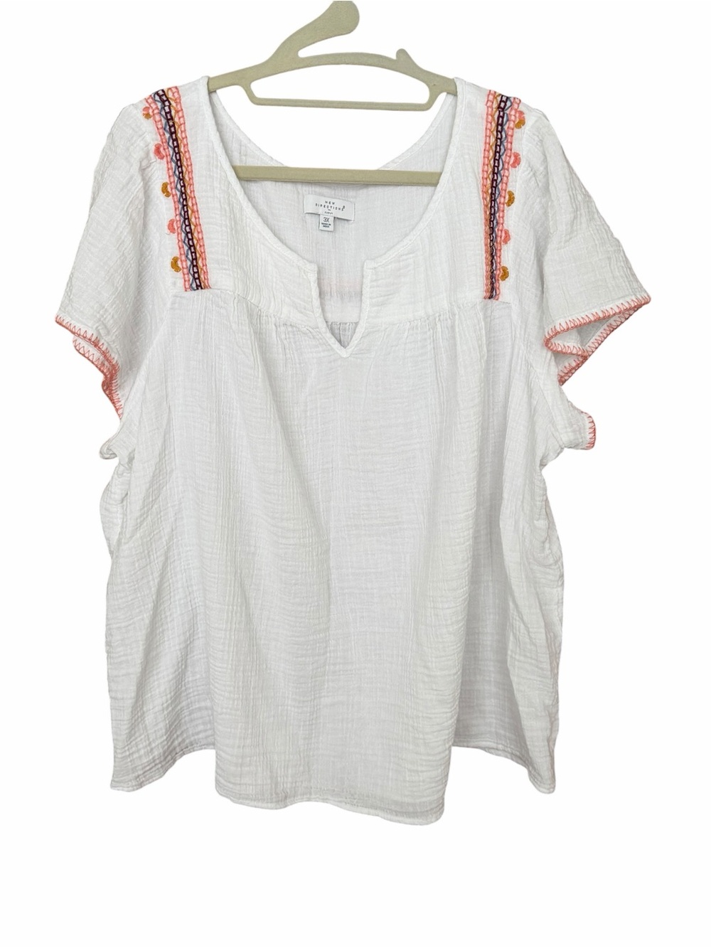 New Directions Curvy White Embroidered Gauze Short Sleeve Blouse 3X